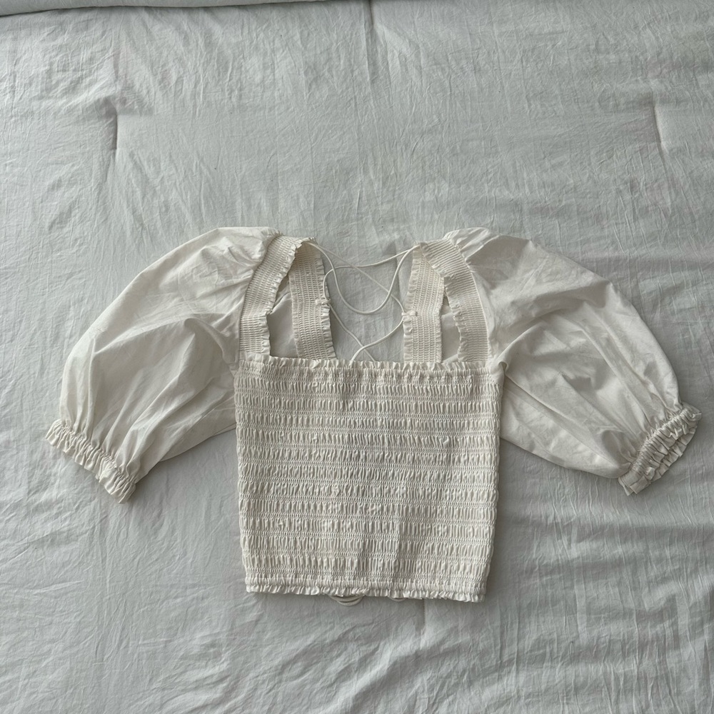 Ivory Intermix Elegant Smocked Puff Sleeve Top